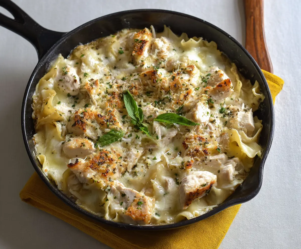 Delicious white chicken skillet lasagna with creamy cheese and tender chicken in a skillet dish