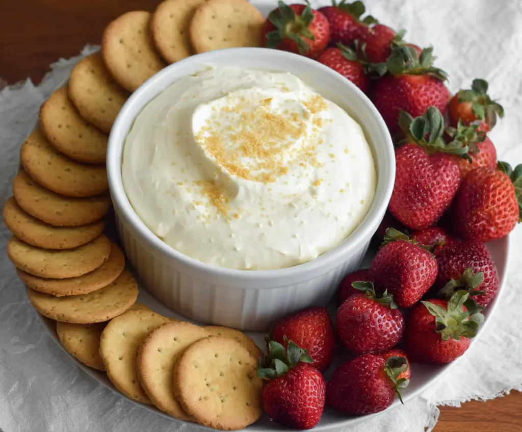 Delicious 3 Ingredient Cheesecake Dip served with fresh strawberries on a dessert plate.