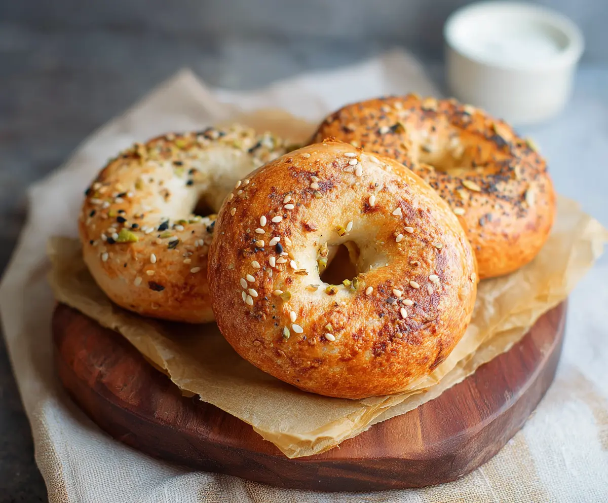 Delicious 3-ingredient Greek yogurt bagels on a rustic wooden table.