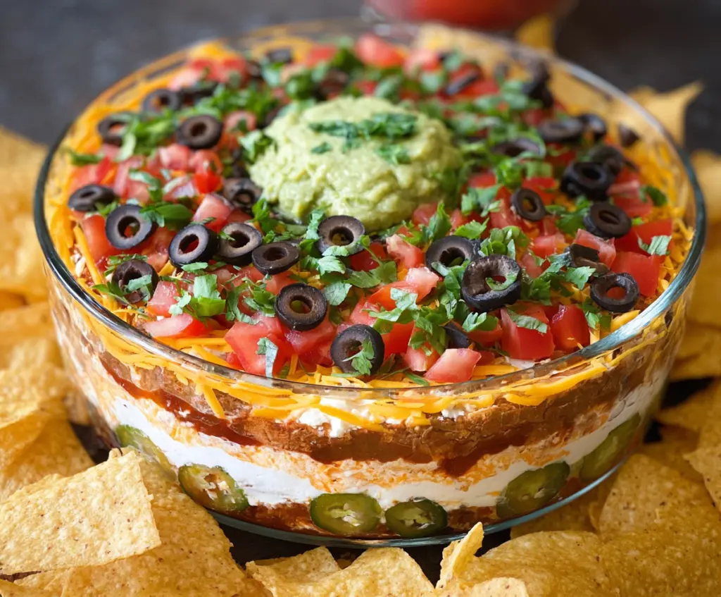 Colorful 5 Layer Dip with layers of beans, guacamole, sour cream, salsa, and shredded cheese served in a bowl.