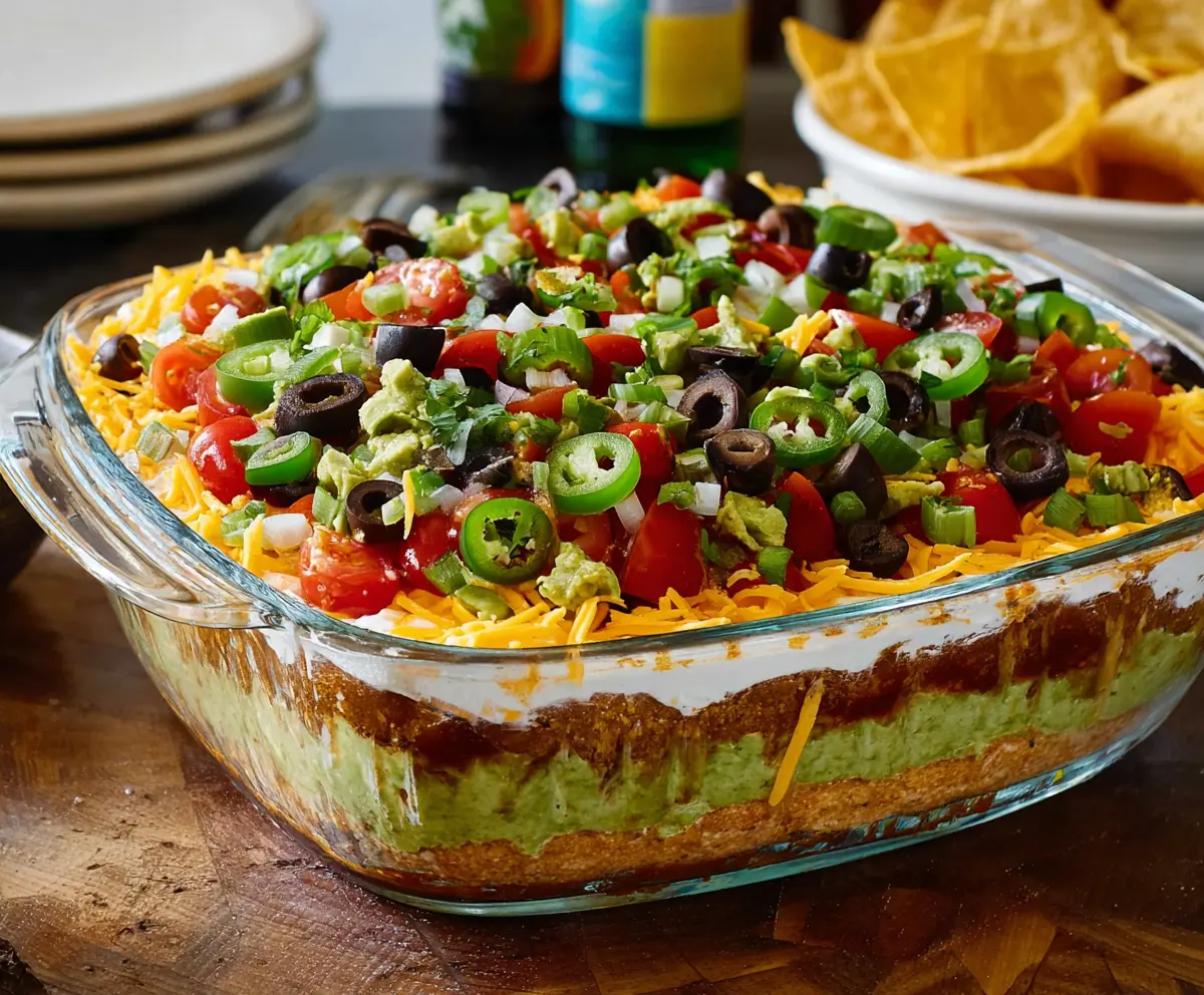 Colorful 7 Layer Dip with layers of beans, guacamole, sour cream, cheese, salsa, and olives served in a bowl.