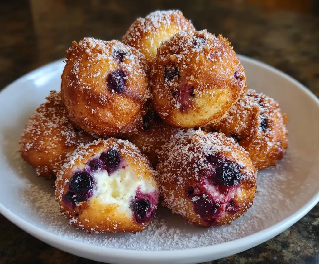 Delicious air fryer blueberry and cottage cheese donut holes on a plate, perfect for a healthy snack.