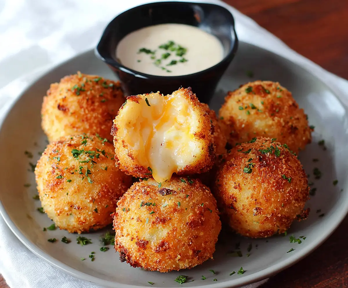 Delicious crispy Air Fryer Cheesy Mashed Potato Balls topped with melted cheese.