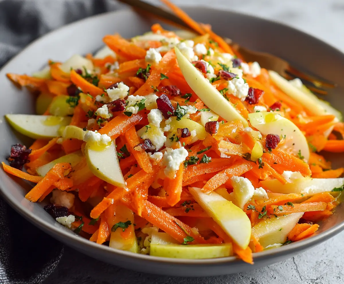 Fresh apple and carrot salad topped with creamy citrus dressing, a healthy and colorful side dish.