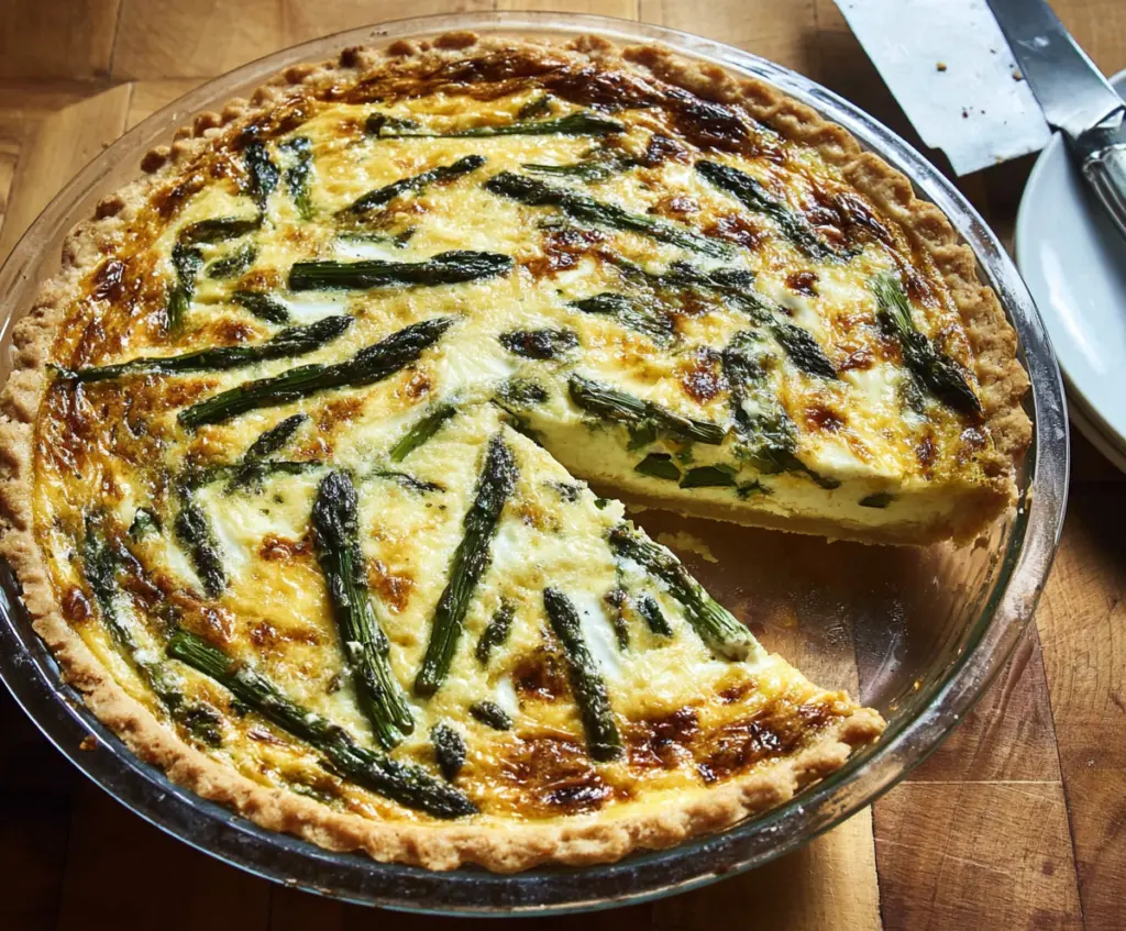 Delicious asparagus and Gruyere cheese quiche on a plate, perfect for brunch or lunch.