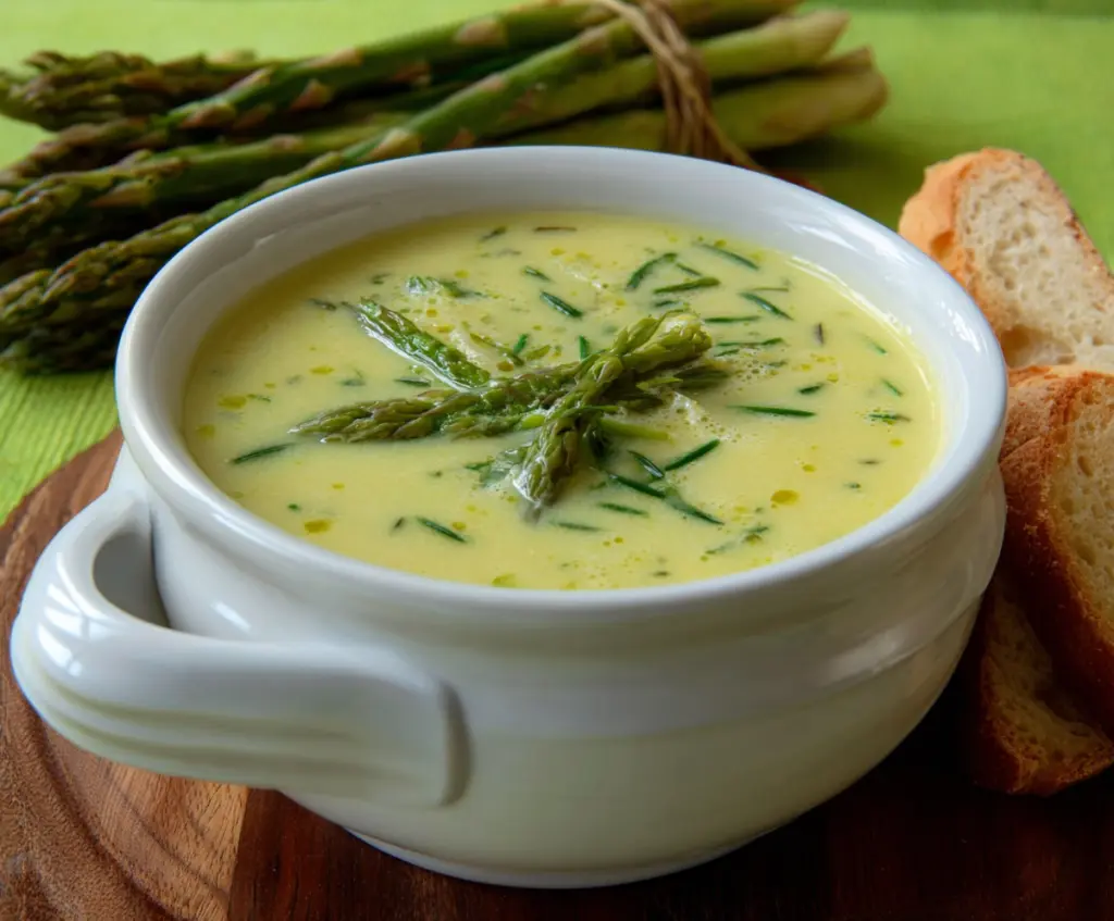 Creamy asparagus and leek soup served in a bowl with fresh herbs