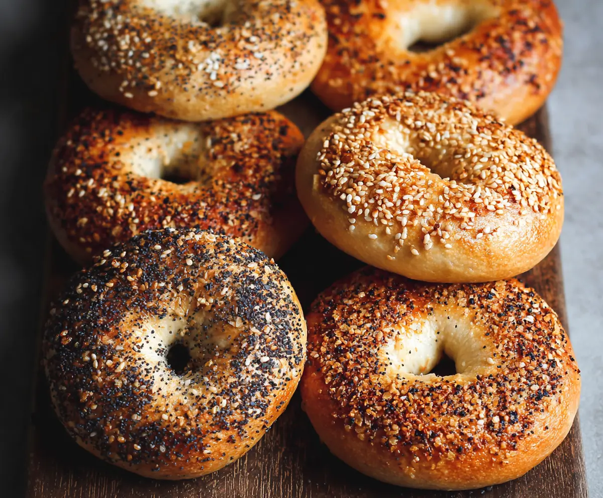 Freshly baked authentic New York style bagels on a rustic wooden board.