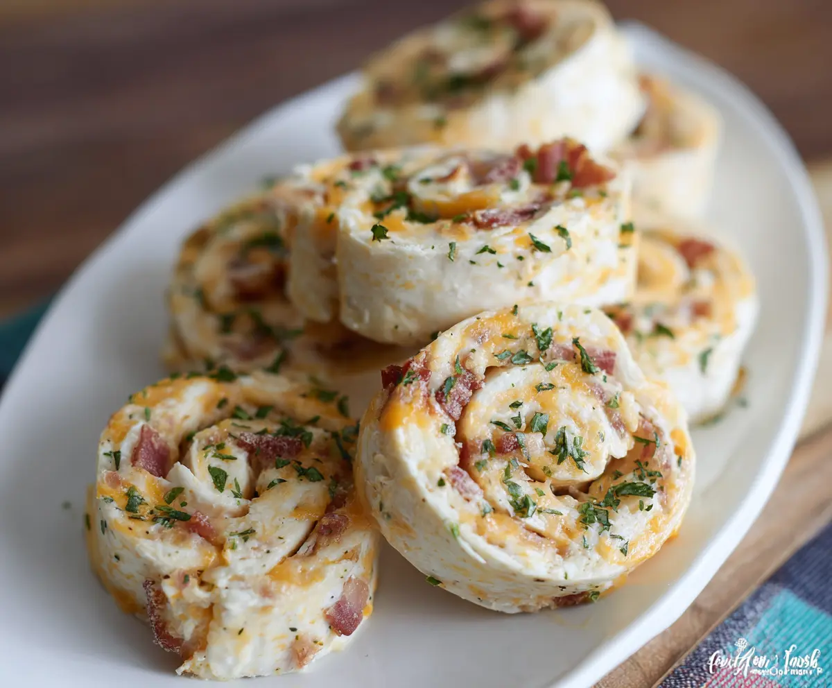 Delicious Bacon Cheddar Ranch Pinwheels served on a white plate
