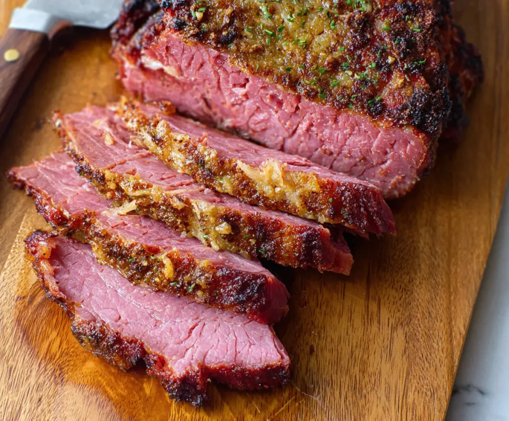 Delicious baked corned beef served with vegetables on a plate