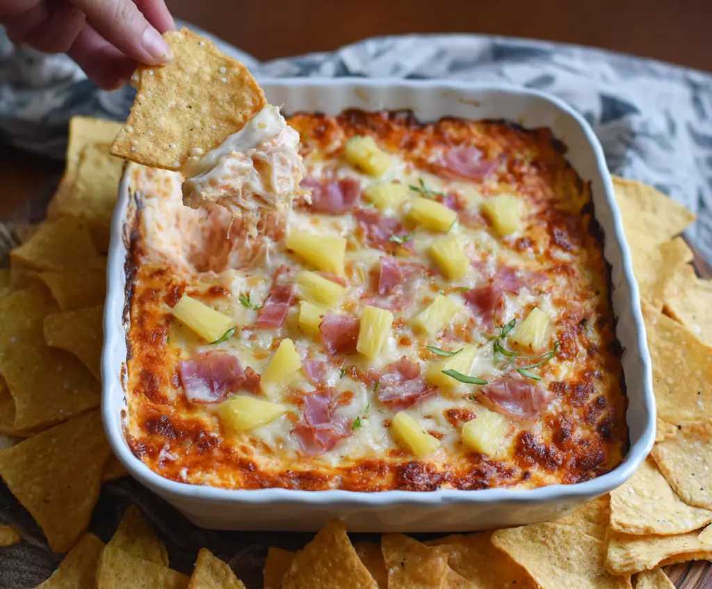 Delicious Baked Hawaiian Pizza Dip topped with melted cheese, ham, pineapple, and green onions.