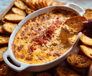 Delicious baked pimento cheese dip served in a baking dish with crispy crackers
