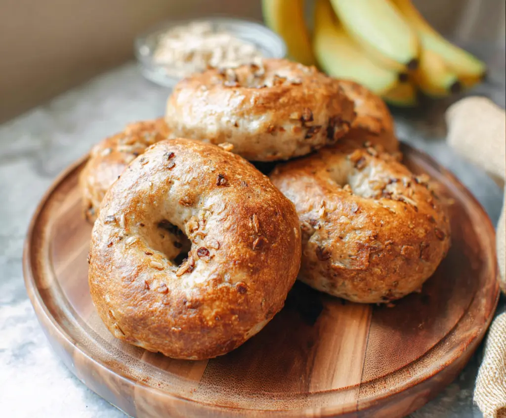Delicious homemade banana nut bagels with ripe bananas and crunchy nuts.