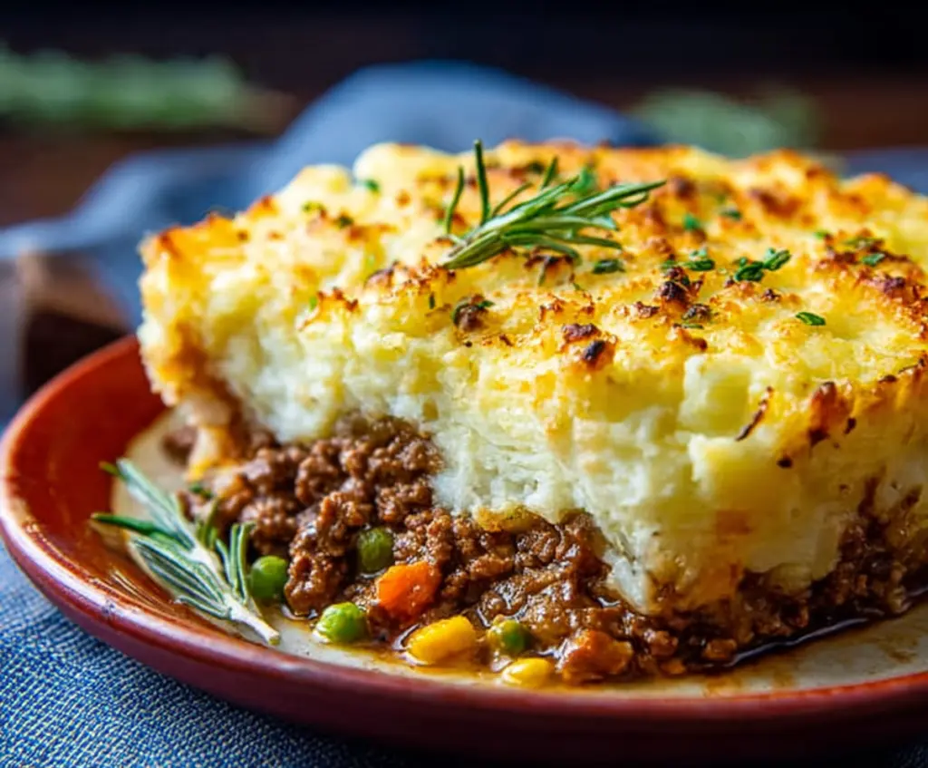 Delicious homemade Beef Shepherd's Pie with mashed potato topping and seasoned ground beef in a baking dish