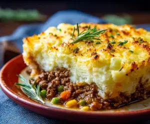 Delicious homemade Beef Shepherd's Pie with mashed potato topping and seasoned ground beef in a baking dish