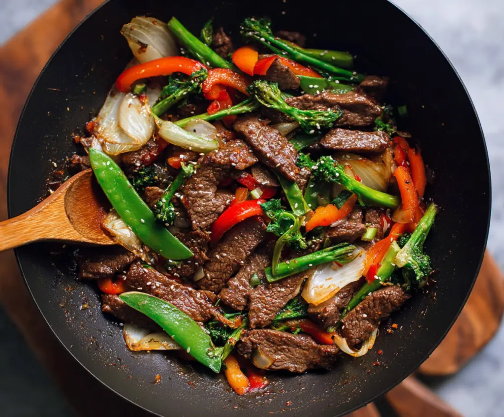 Delicious beef stir fry with colorful vegetables and savory sauce on a plate