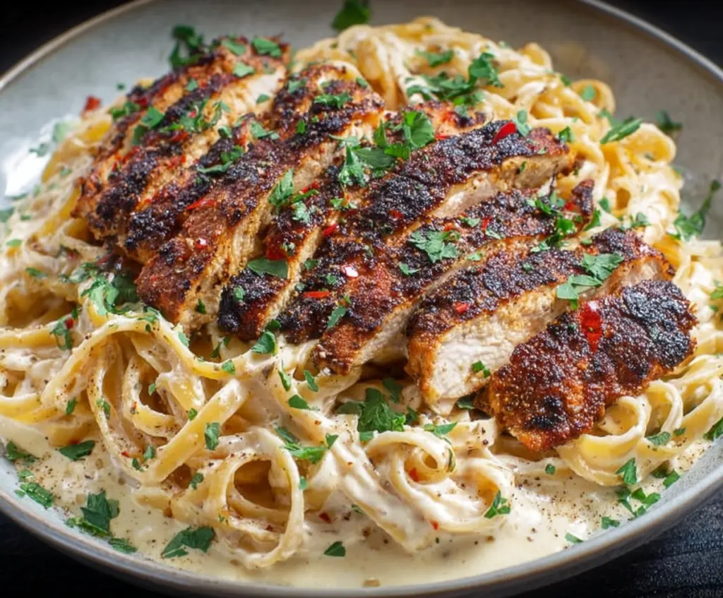 Creamy Alfredo pasta with spicy blackened chicken slices on top, garnished with herbs.