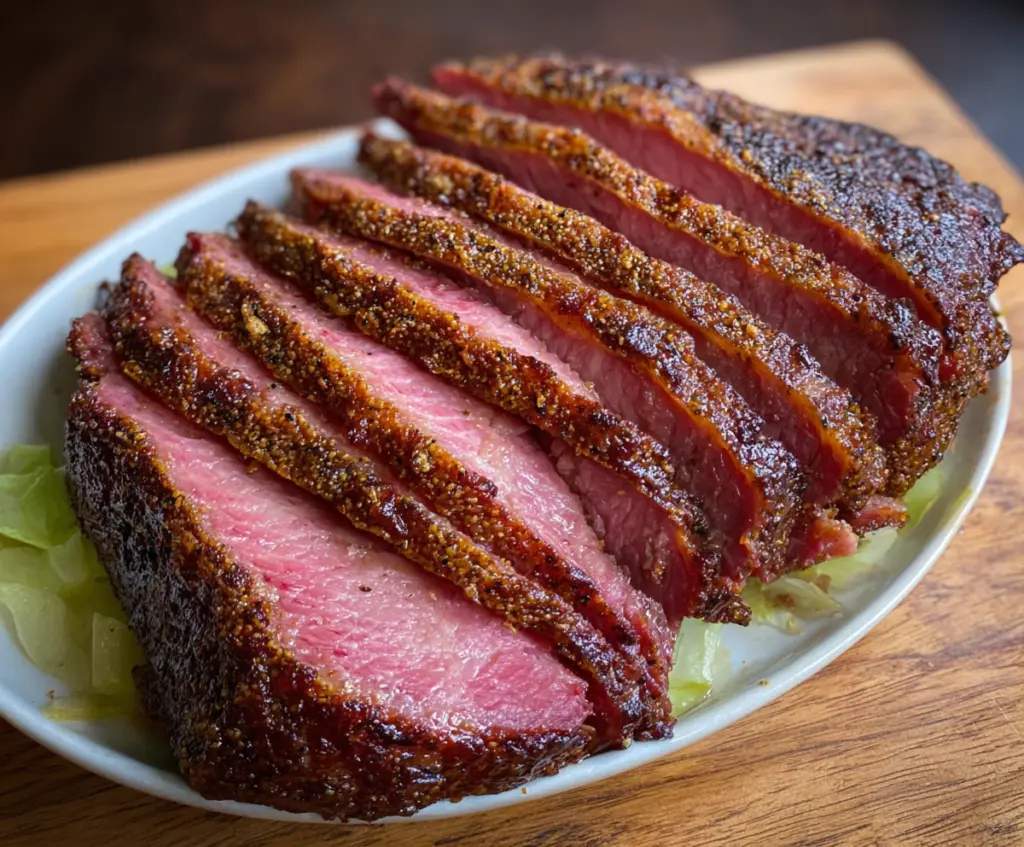 Juicy Brown Sugar Dijon Corned Beef Brisket cooked to perfection with a glossy glaze and tender texture.