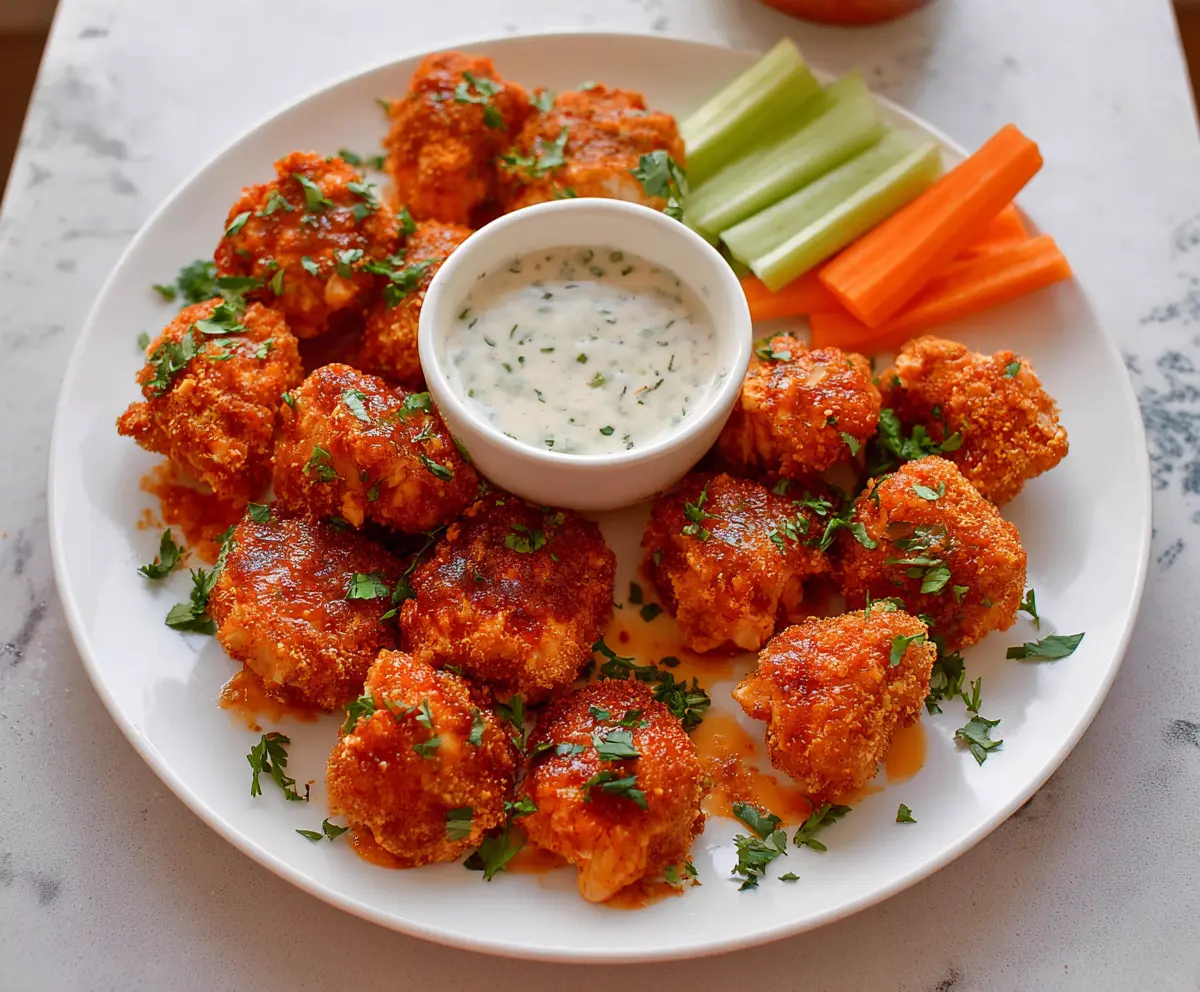 Crispy buffalo chicken bites served with blue cheese dipping sauce, perfect appetizer for parties.