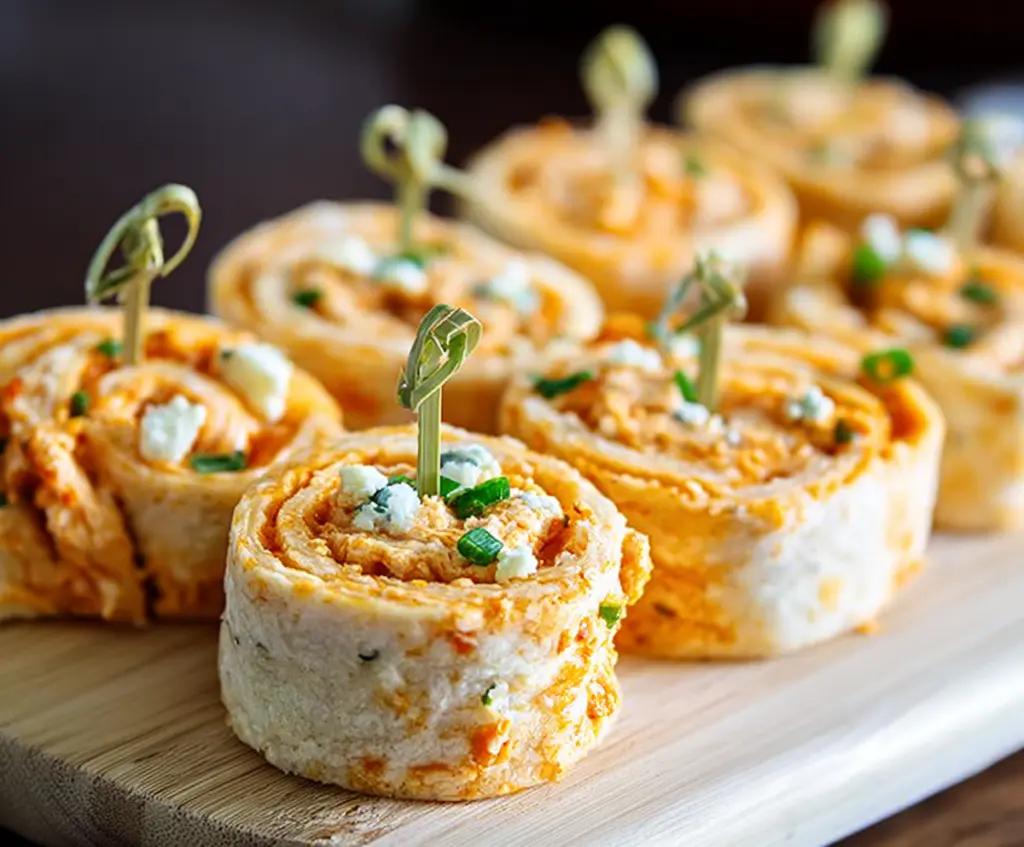 Delicious Buffalo Chicken Pinwheels with crispy outer layer and spicy filling.