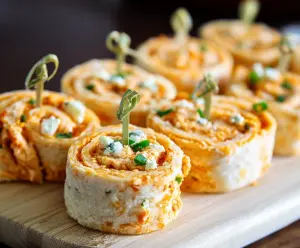 Delicious Buffalo Chicken Pinwheels with crispy outer layer and spicy filling.