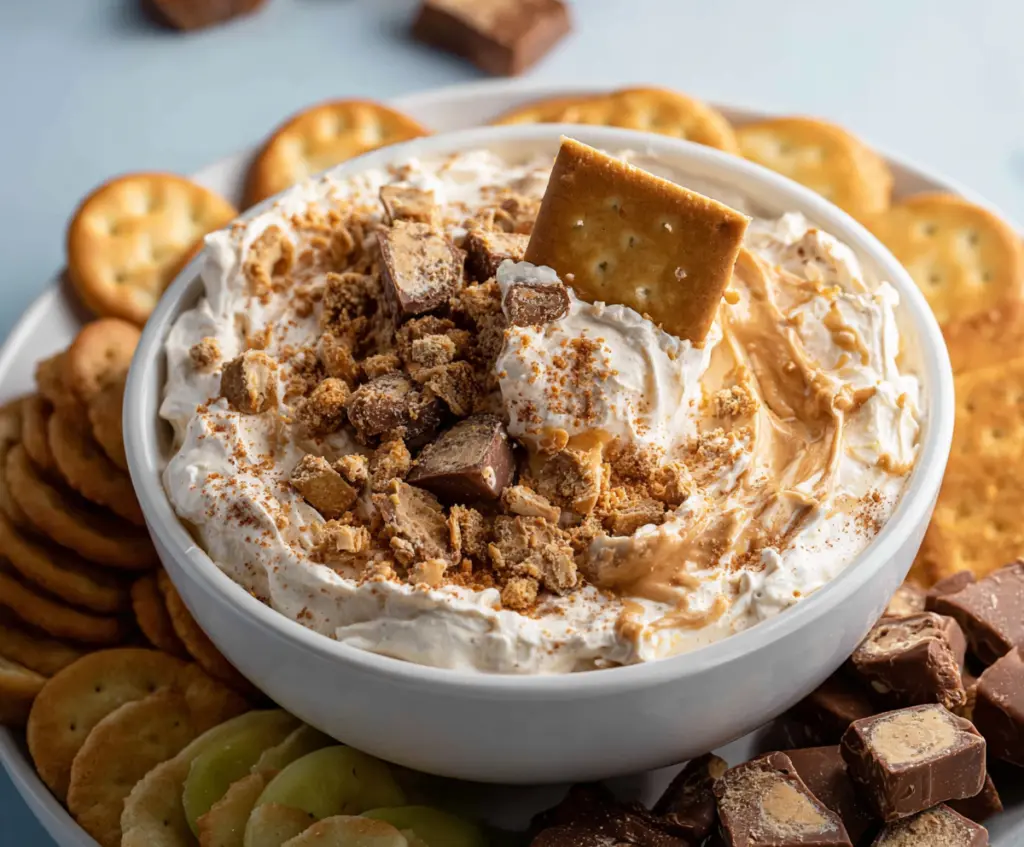 Delicious Butterfinger Dip in a bowl, perfect for dipping fruits and pretzels.
