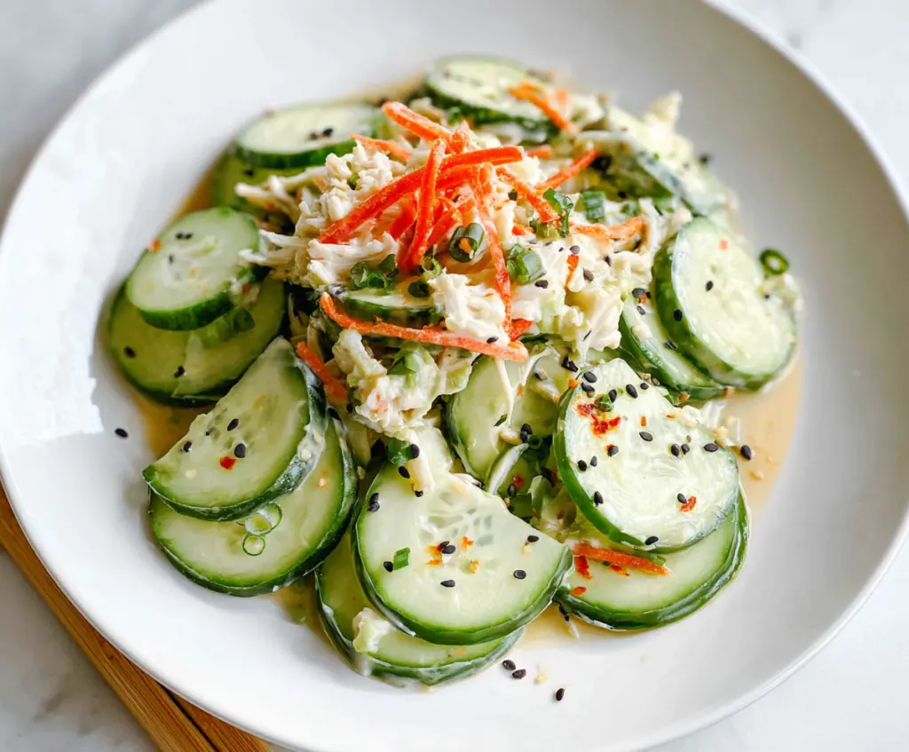 Fresh California Roll Cucumber Salad featuring colorful vegetables and sushi-inspired flavors
