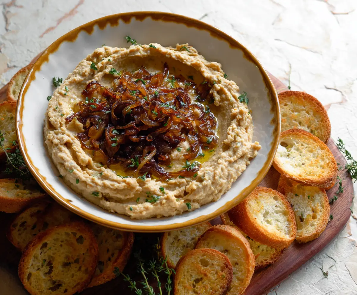 Creamy caramelized onion white bean dip garnished with fresh herbs in a bowl.