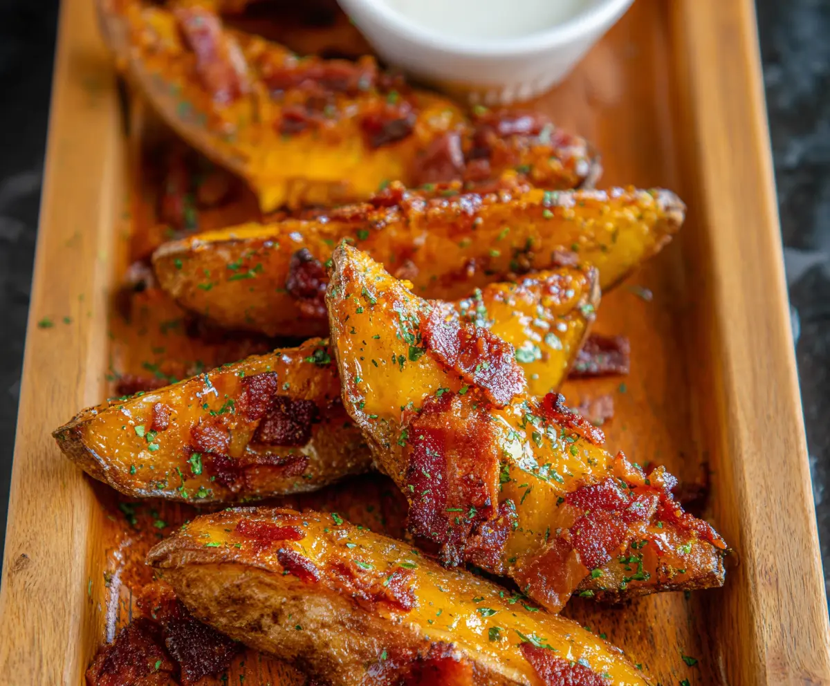 Delicious Cheddar Bacon Potato Wedges with melted cheese and crispy bacon slices on a plate.