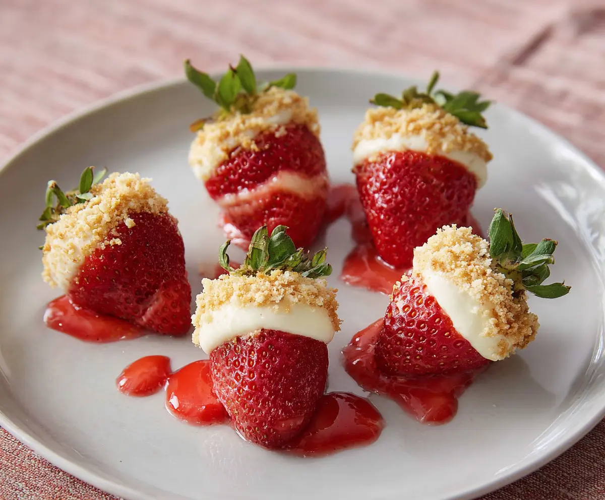 Delicious cheesecake stuffed strawberries garnished with fresh mint for a sweet treat.