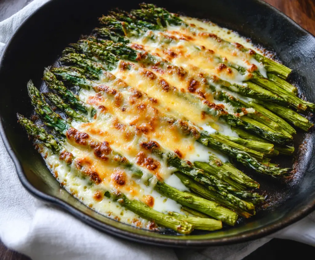 Delicious cheesy baked asparagus with melted cheese and fresh green spears, perfect for a healthy appetizer or side dish.
