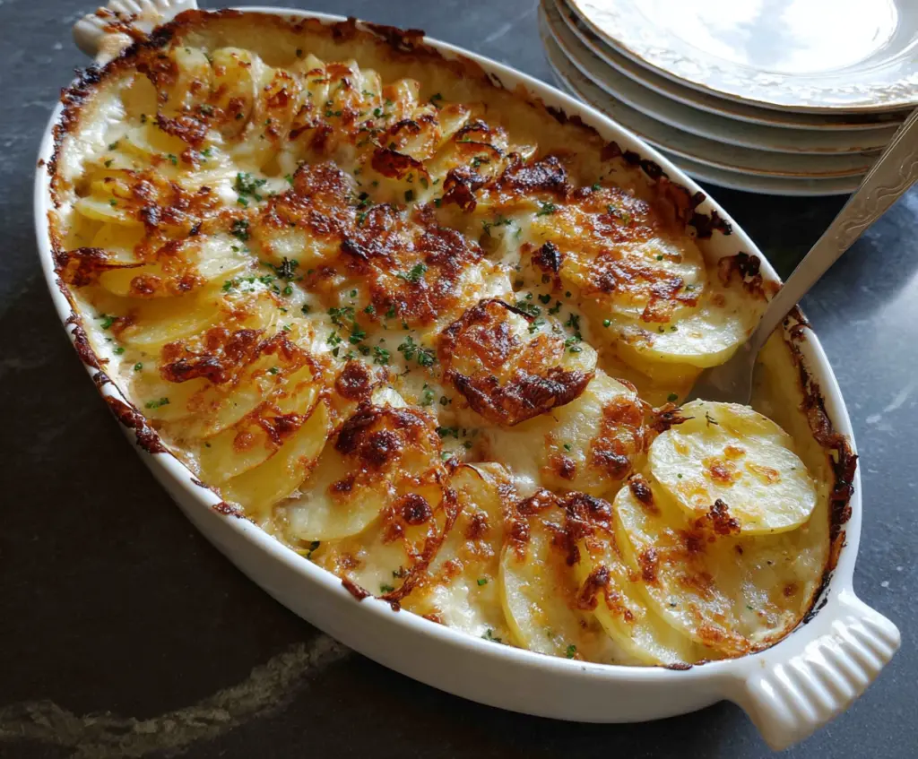 Delicious Cheesy Garlic Butter Potato Bake loaded with melted cheese and fresh herbs