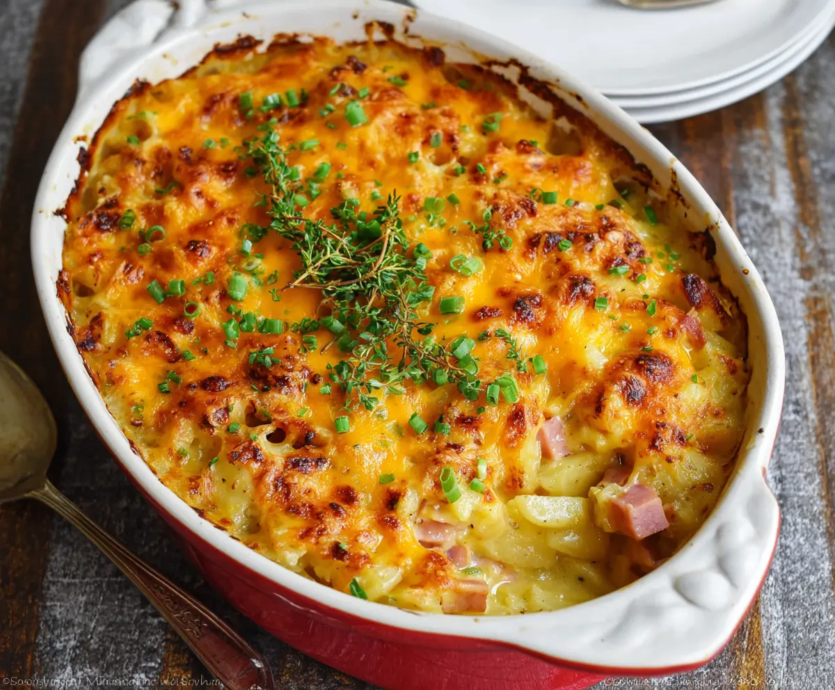 Delicious cheesy ham and potato casserole served hot, perfect for family dinner.
