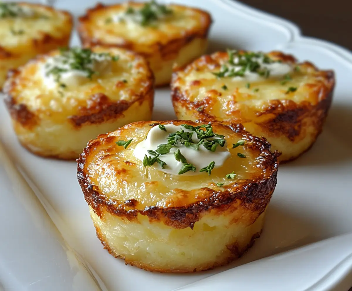 Golden cheesy mashed potato puffs garnished with herbs on a white plate.