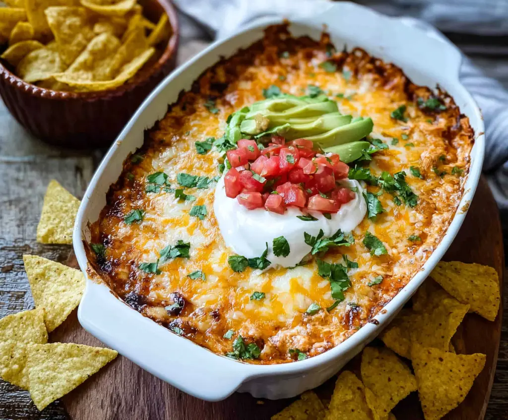 Delicious chicken enchilada dip with melted cheese and flavorful spices, perfect for dipping tortilla chips.
