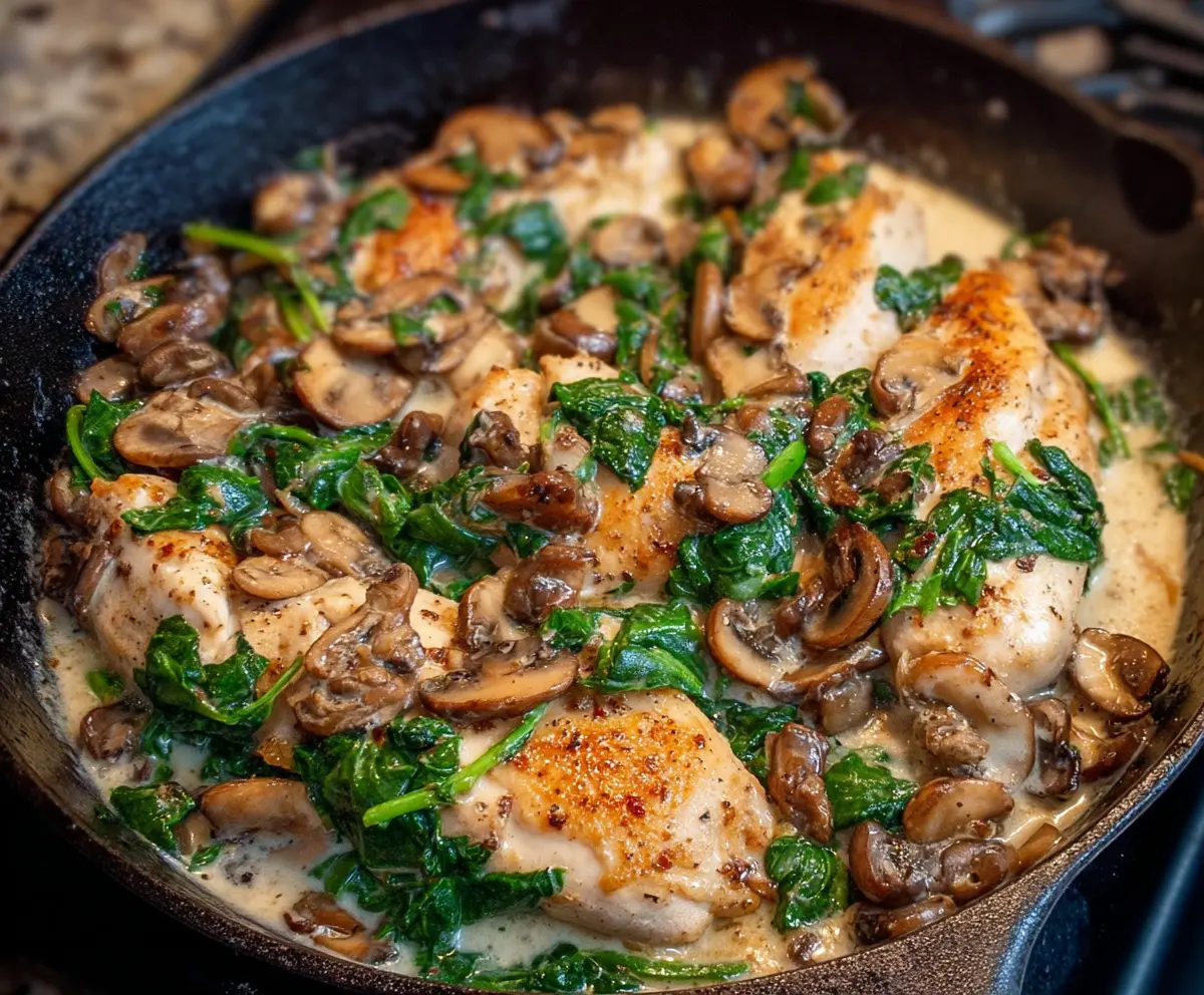 Delicious chicken mushroom and spinach skillet dish with fresh ingredients and vibrant flavors.