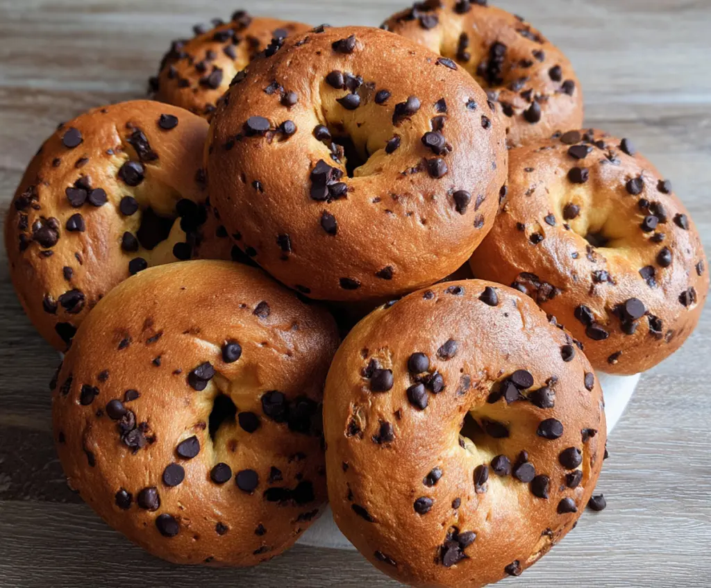 Delicious homemade chocolate chip bagels with a golden crust on a baking tray.