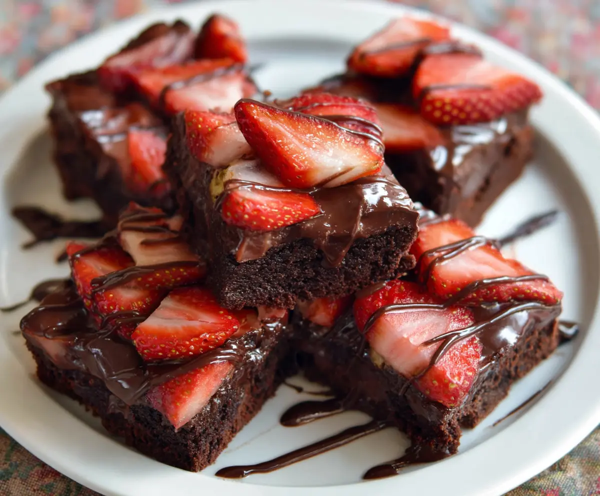 Delicious chocolate-covered strawberry brownies with a glossy chocolate coating and fresh strawberries inside.