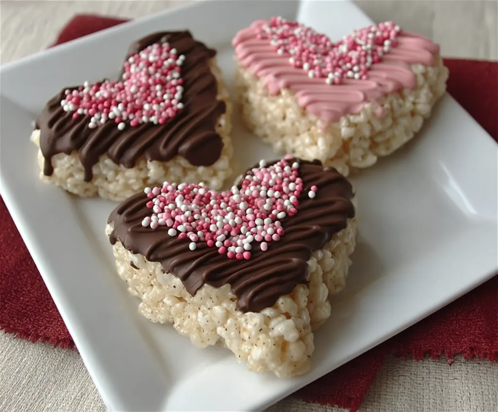 Delicious chocolate dipped heart-shaped Rice Krispies treats for special occasions.