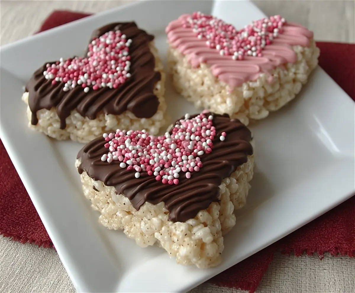 Delicious chocolate dipped heart-shaped Rice Krispies treats for special occasions.