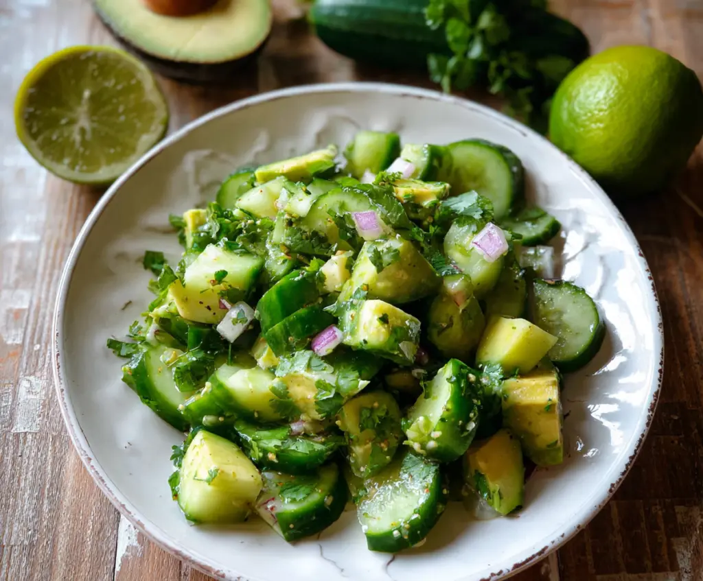 Fresh cilantro lime cucumber salad with creamy avocado slices, perfect for a light and healthy meal.
