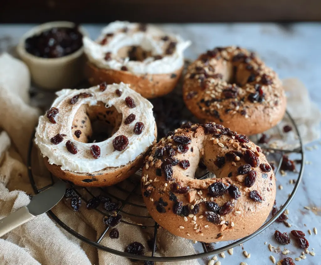 Fresh cinnamon raisin yogurt bagels on a baking tray, ready to enjoy a delicious breakfast.