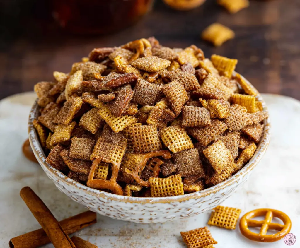 Delicious homemade Cinnamon Sugar Chex Mix with a sweet and spicy flavor, perfect for snacking.