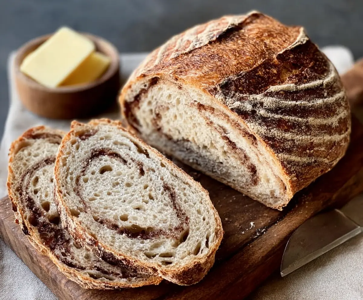 Golden sliced cinnamon sugar swirl sourdough bread with a crispy crust and soft interior.