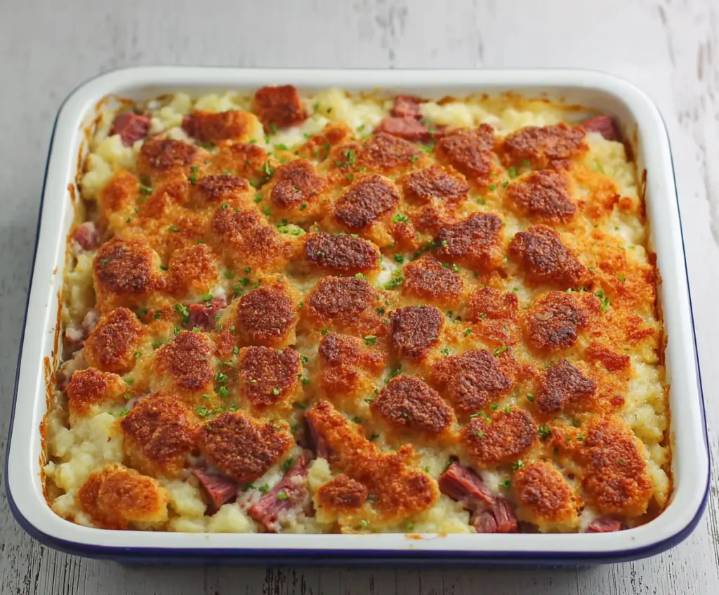 Creamy corned beef casserole in a baking dish topped with cheese and herbs.