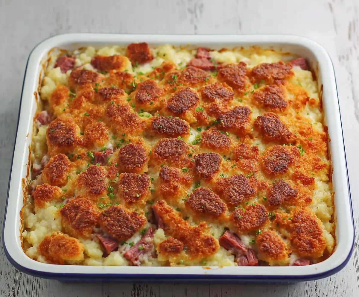 Creamy corned beef casserole in a baking dish topped with cheese and herbs.