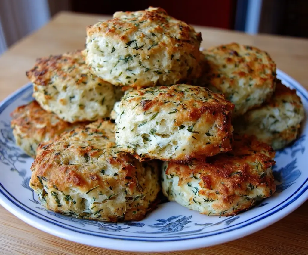Delicious homemade cottage cheese and herb biscuits on a rustic wooden table