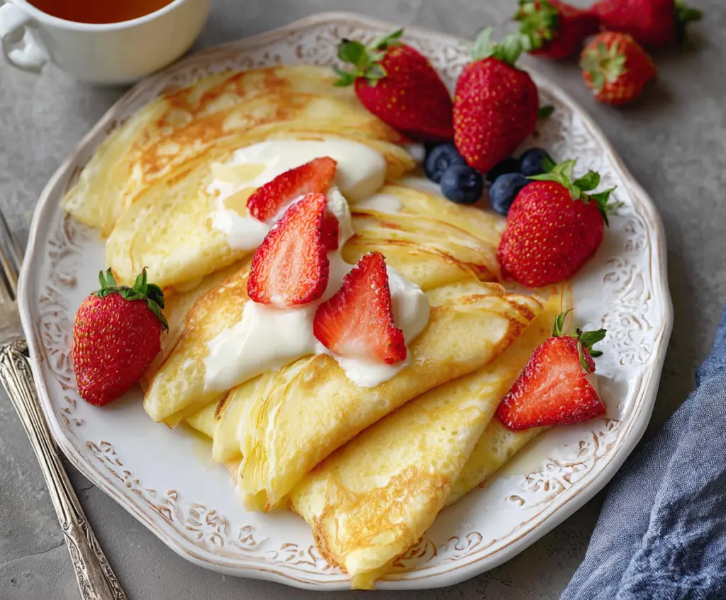 Delicious homemade cottage cheese crepes served on a plate, perfect for breakfast or brunch.