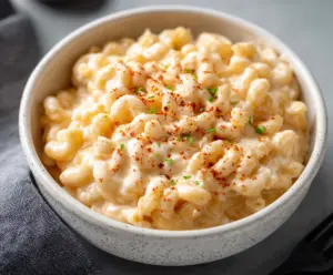 Creamy cottage cheese mac and cheese served in a bowl, garnished with herbs.