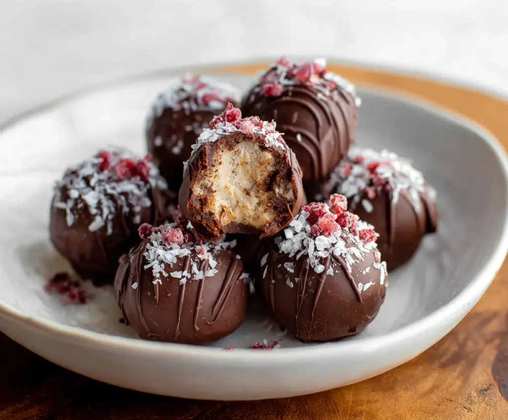 Delicious cottage cheese truffles with a creamy texture and cocoa coating on a white plate