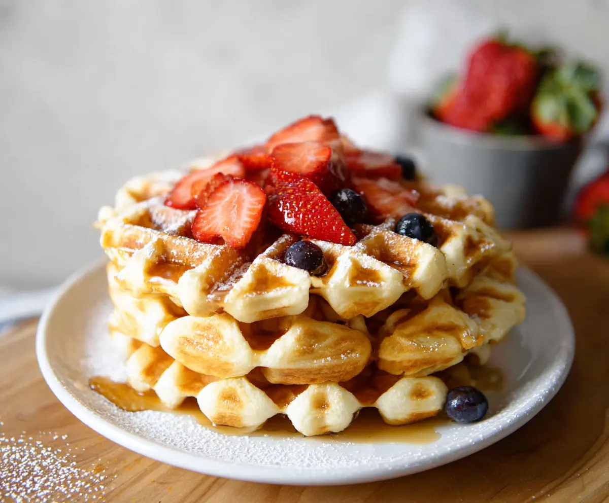 Delicious homemade cottage cheese waffles served on a plate with fresh fruit
